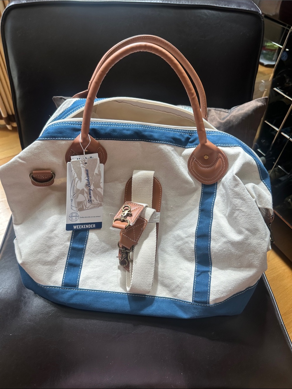 Tommy Bahama White and Blue Canvas Weekender with Brown Trim and Handles